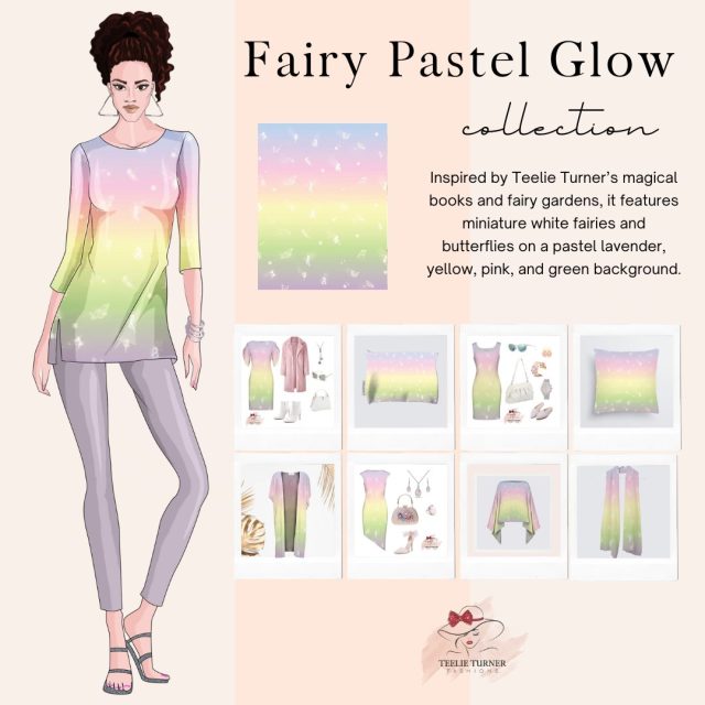 The Pastel Fairy Glow Collection >>> https://bit.ly/3IS8FA8

It is one of several enchanted and whimsical collections in the Teelie Turner Fashions line. Inspired by Teelie Turner’s magical books and fairy gardens, it features miniature white fairies and butterflies on a pastel lavender, yellow, pink, and green background.

#teelieturnerfashions #instafashion #Stylish #WomensFashion #StyleInspo #FashionStyle #clothes #clothingline #outfitoftheday #legaleriste #legaleristeartist #whimsicalart #artonclothes #fashionart #wine #wineglass #candles #tanktops #pillows #casualwear #gearbubble #dress #dresses #womenstyle #PastelFairyGlow