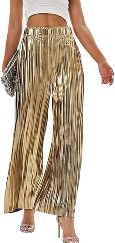 Women’s Shimmering Pleated High-Waisted Wide-Leg Pants