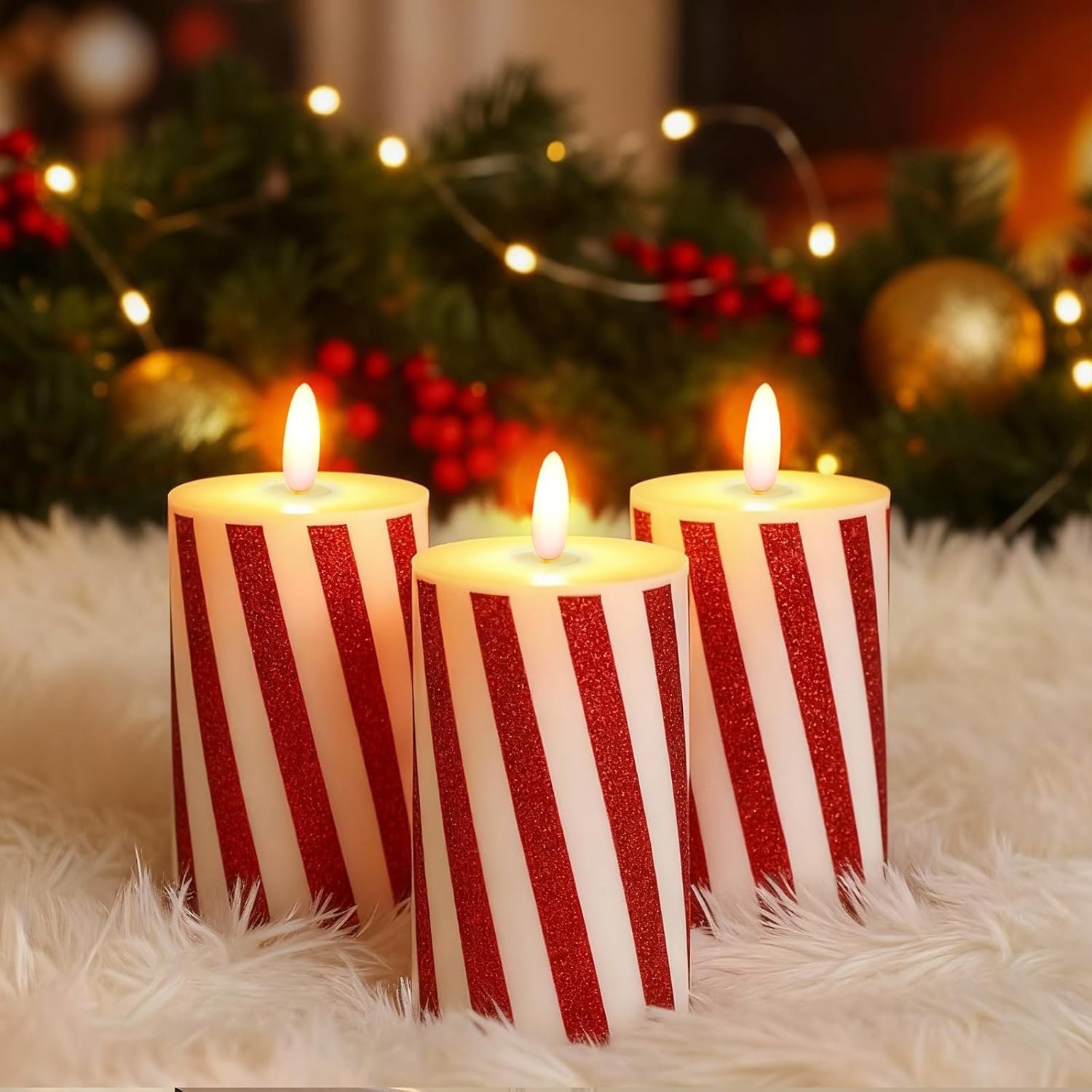 3 Pcs Christmas Flameless Candles Candy Cane LED