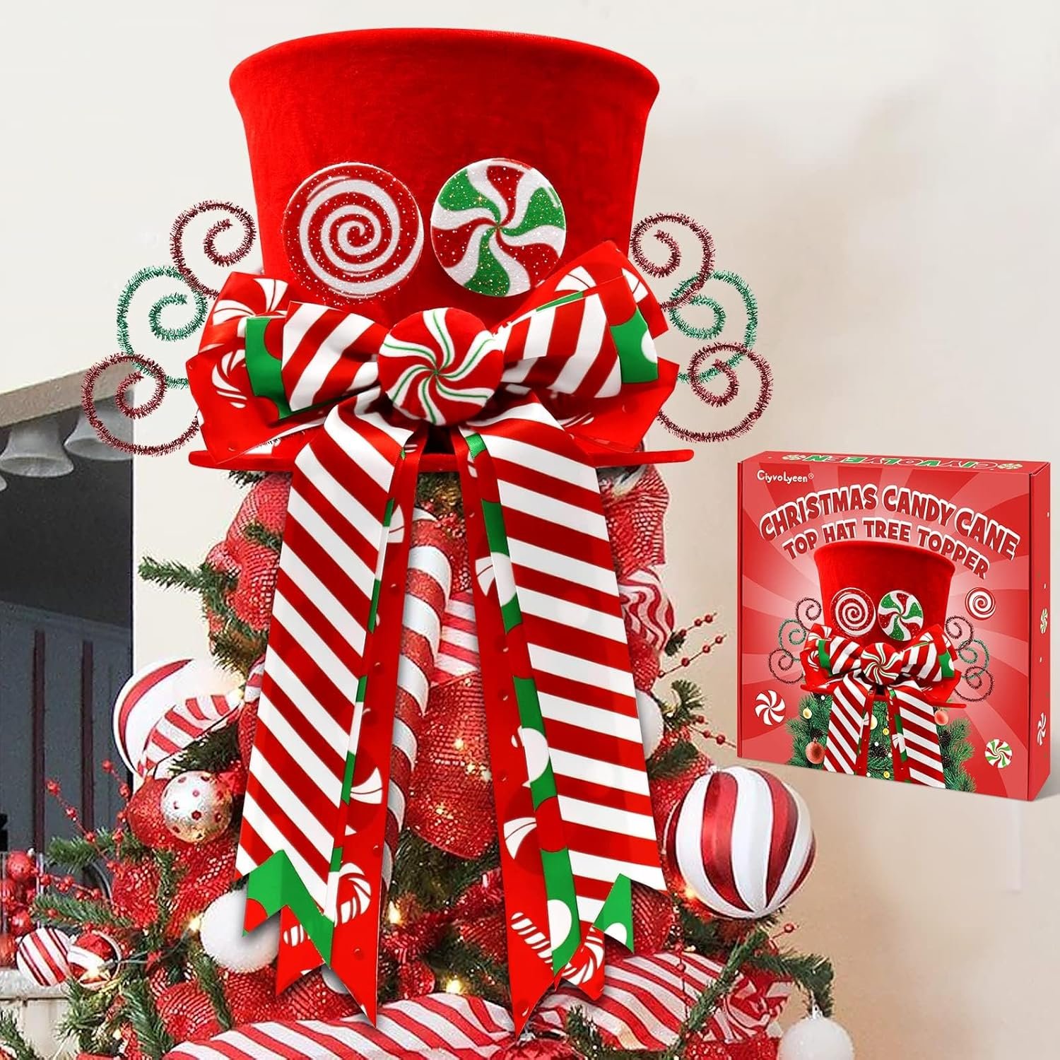 Christmas Candy Canes Tree Topper Red Hat