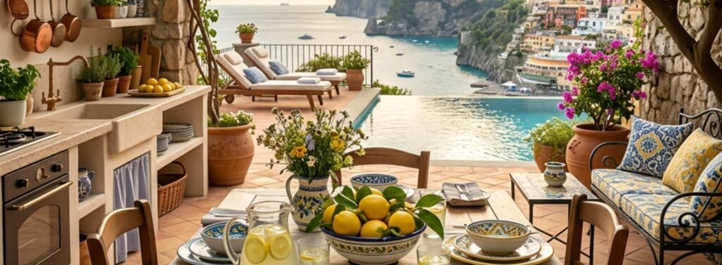 Amalfi Coast inspired home decor with lemon tree, blue and yellow patio, and elegant dining table