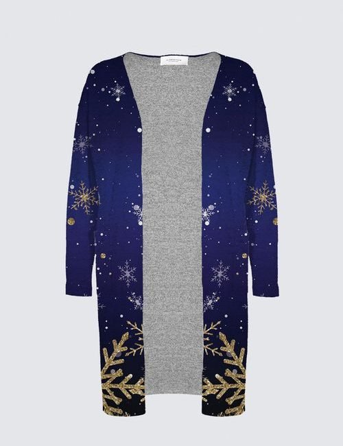 Blue Snowy Parisian Holiday Plus-Size Nikki Duster Cardigan