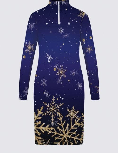 Blue Snowy Parisian Holiday Victoire Zip-up Sweater Knit Dress